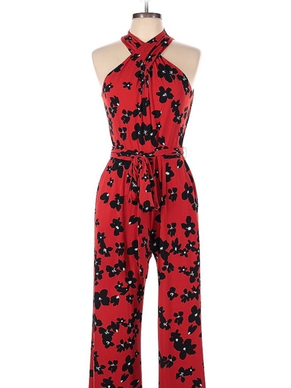 Tahari Red Halter Floral Jumpsuit with Tie Waist